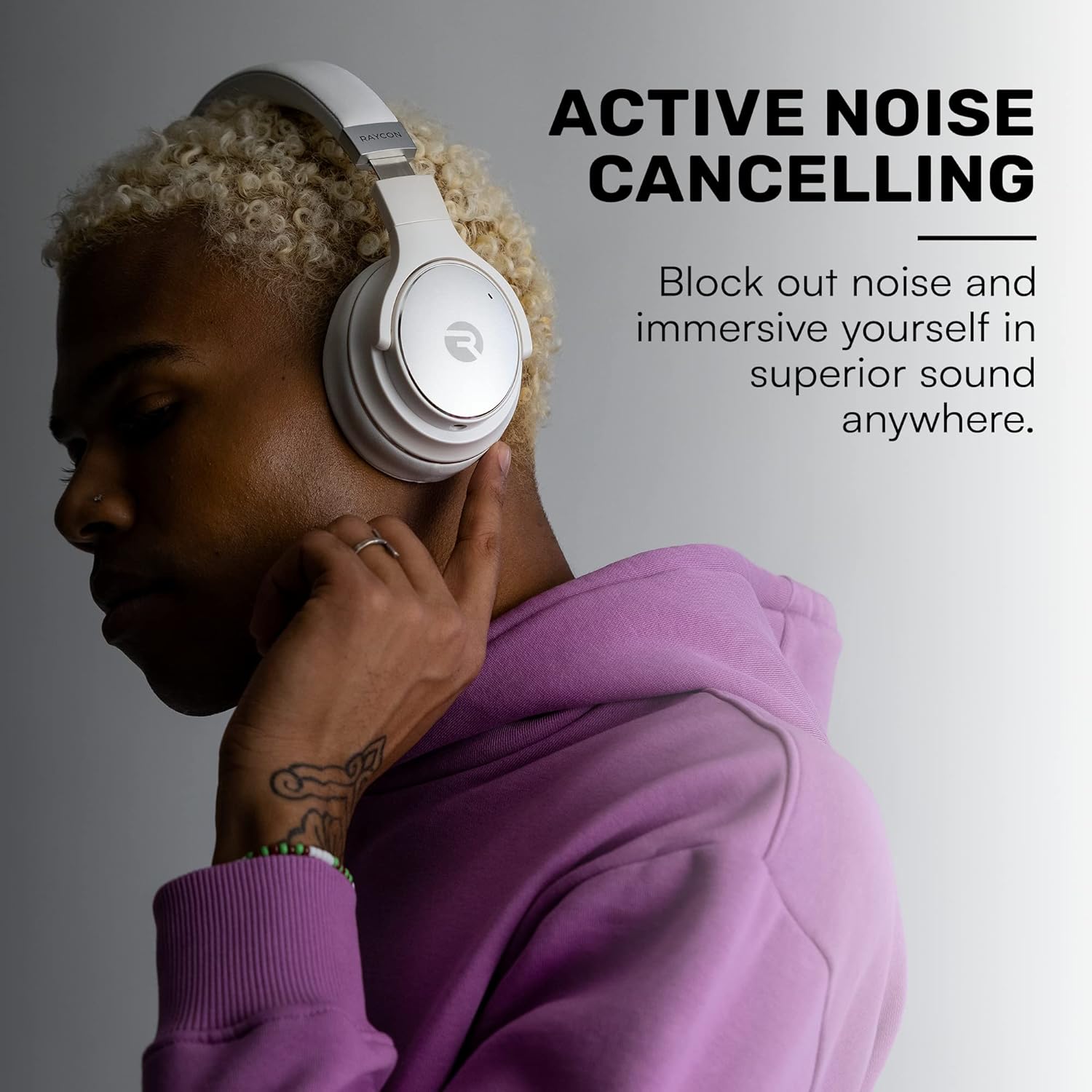 Thumbnail 3 de Raycon Everyday Wireless Bluetooth Over-Ear Headphones with ANC, Awareness Mode, Built-in Mic and IPX4 (Frost White)