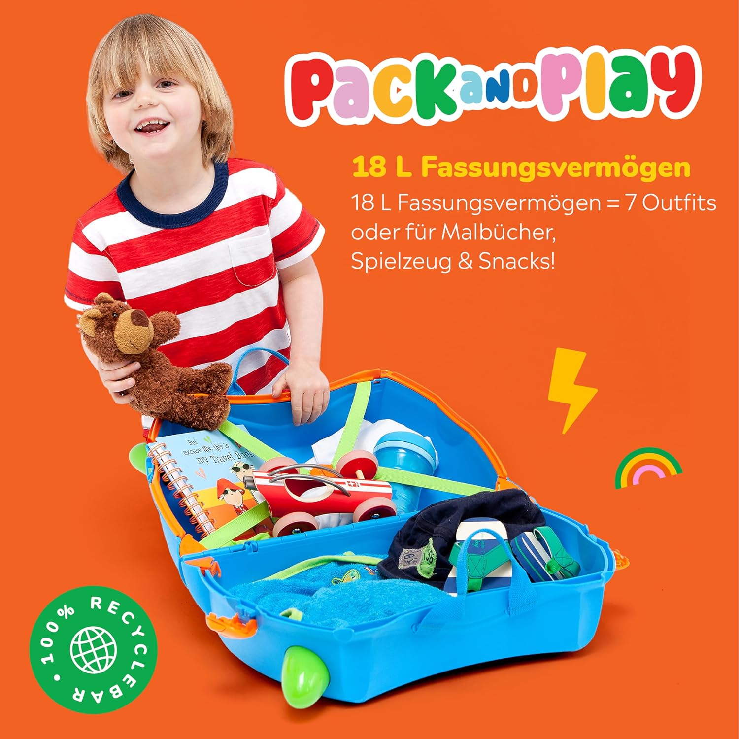 Detalle de Trunki Der originale Kinderkoffer zum Draufsitzen – 18 L Handgepäck, befahrbarer Hartschalen Reisekoffer mit Rollen