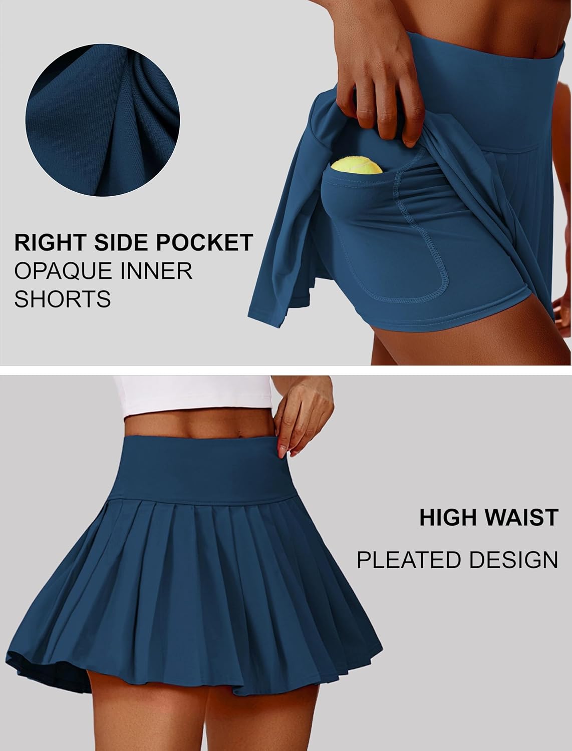 Detalle de Gonna da tennis plissettata donna PINSPARK a vita alta con tasche e protezione UV