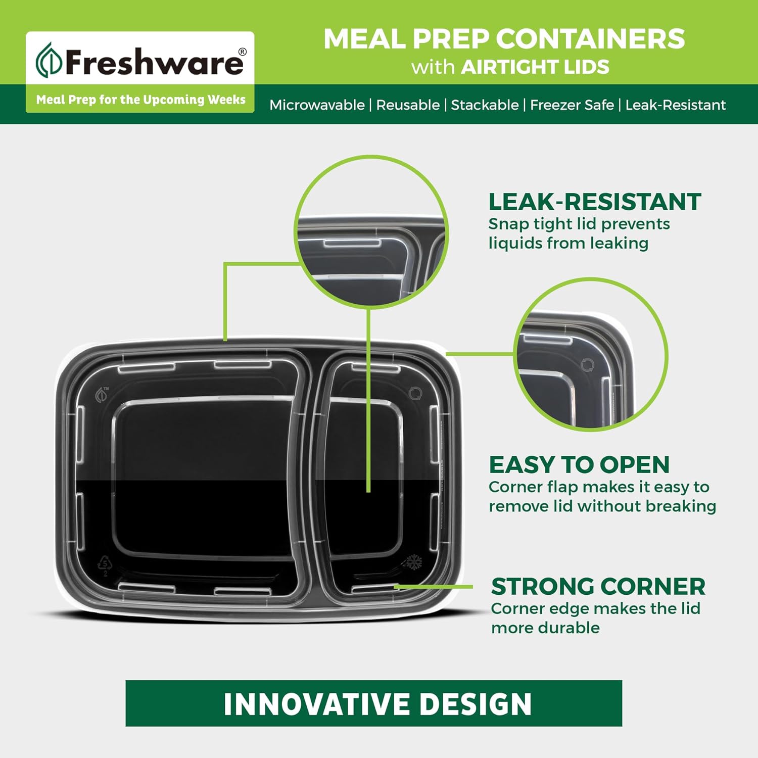 Detalle 2 de Freshware Meal Prep Containers (50 Count) 2-Compartment BPA-Free Bento Boxes, 28 oz, Stackable Lids