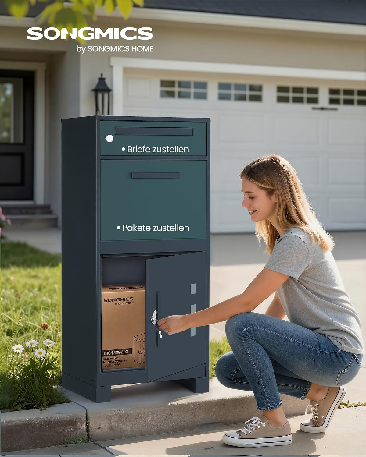 Detalle de SONGMICS Paketbox GMB091GZ01 – Paketbriefkasten mit Paketfach, 55 L, Stahl anthrazit