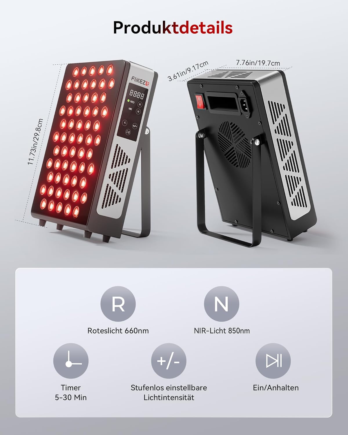 Thumbnail 4 de FliKEZE Rotlichttherapie Panel Lampe (BASIC 60) mit 60 LEDs, 660/850 nm und Timer bis 30 Minuten