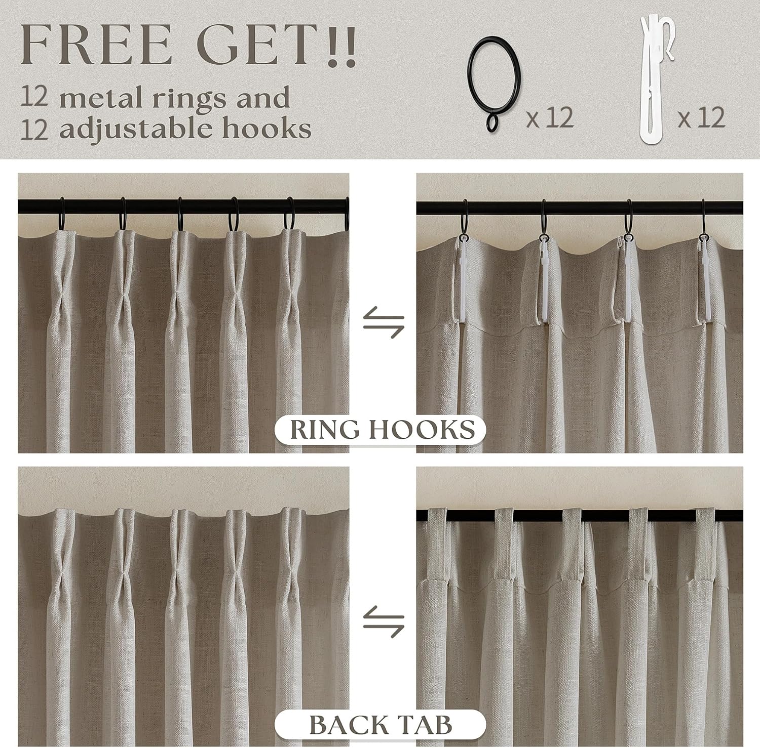 Thumbnail 4 de Extra-wide linen pinch pleat curtains (semitransparent) — 60 x 108 in, 2 panels, jute brown