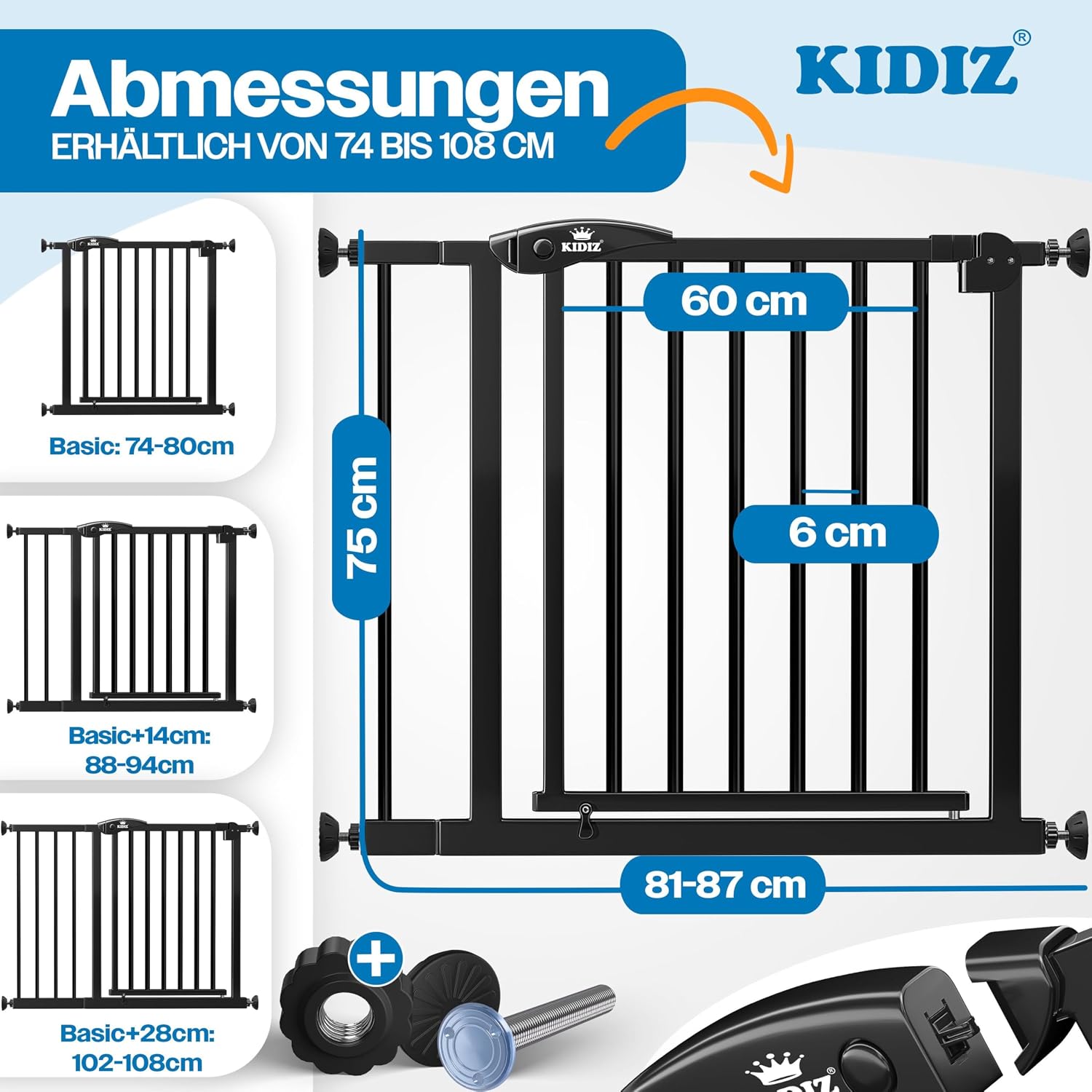 Detalle de KIDIZ Treppenschutzgitter ohne Bohren | Verstellbare Breite 81–87 cm, 75 cm hoch, Zwei-Wege Öffnung