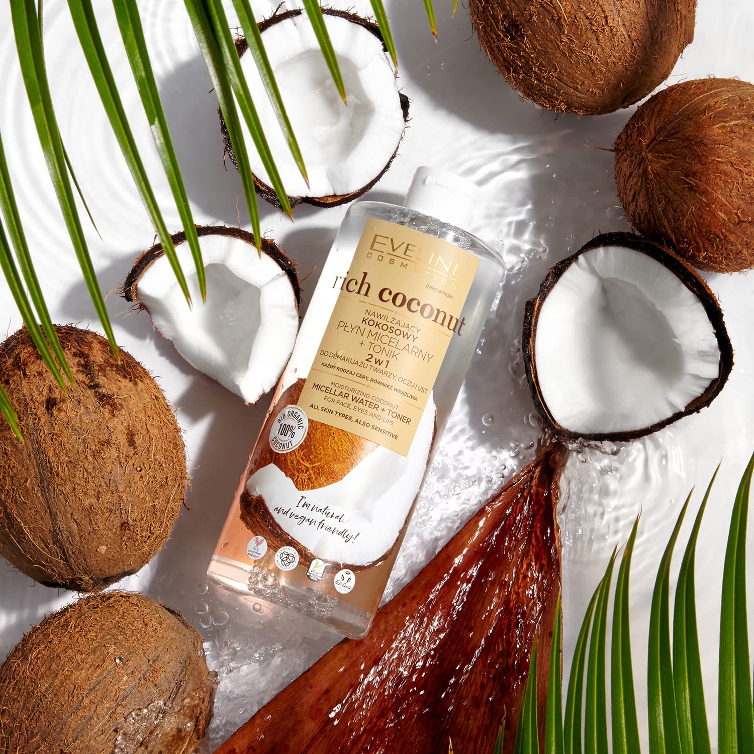Detalle 2 de Eveline Cosmetics Rich Coconut 2‑in‑1 Feuchtigkeitsspendende Kokosmizellen-Flüssigkeit & Toner, 500 ml
