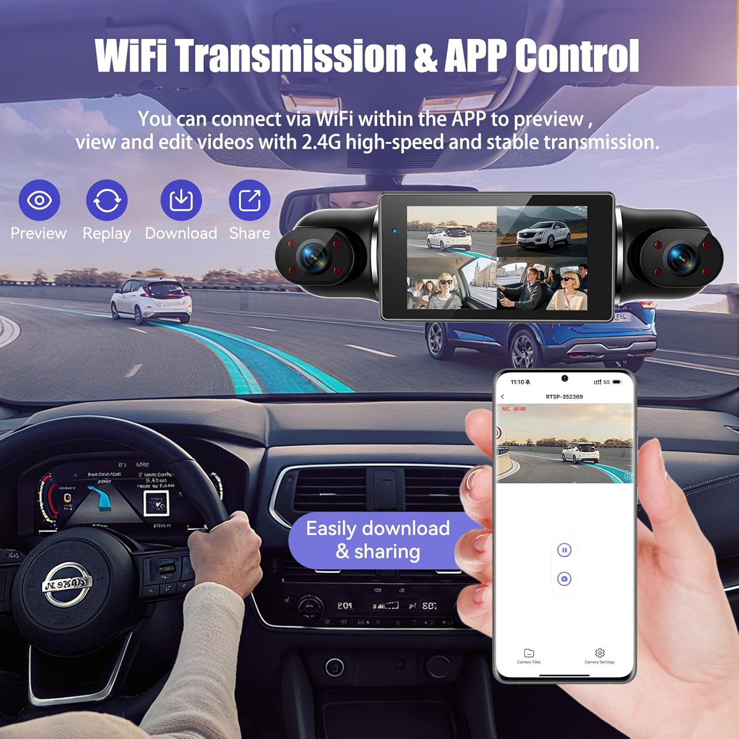 Detalle de 4K Dashcam Auto vorne hinten – 4-Kanal-Überwachung mit WLAN, G-Sensor & Parkmodus