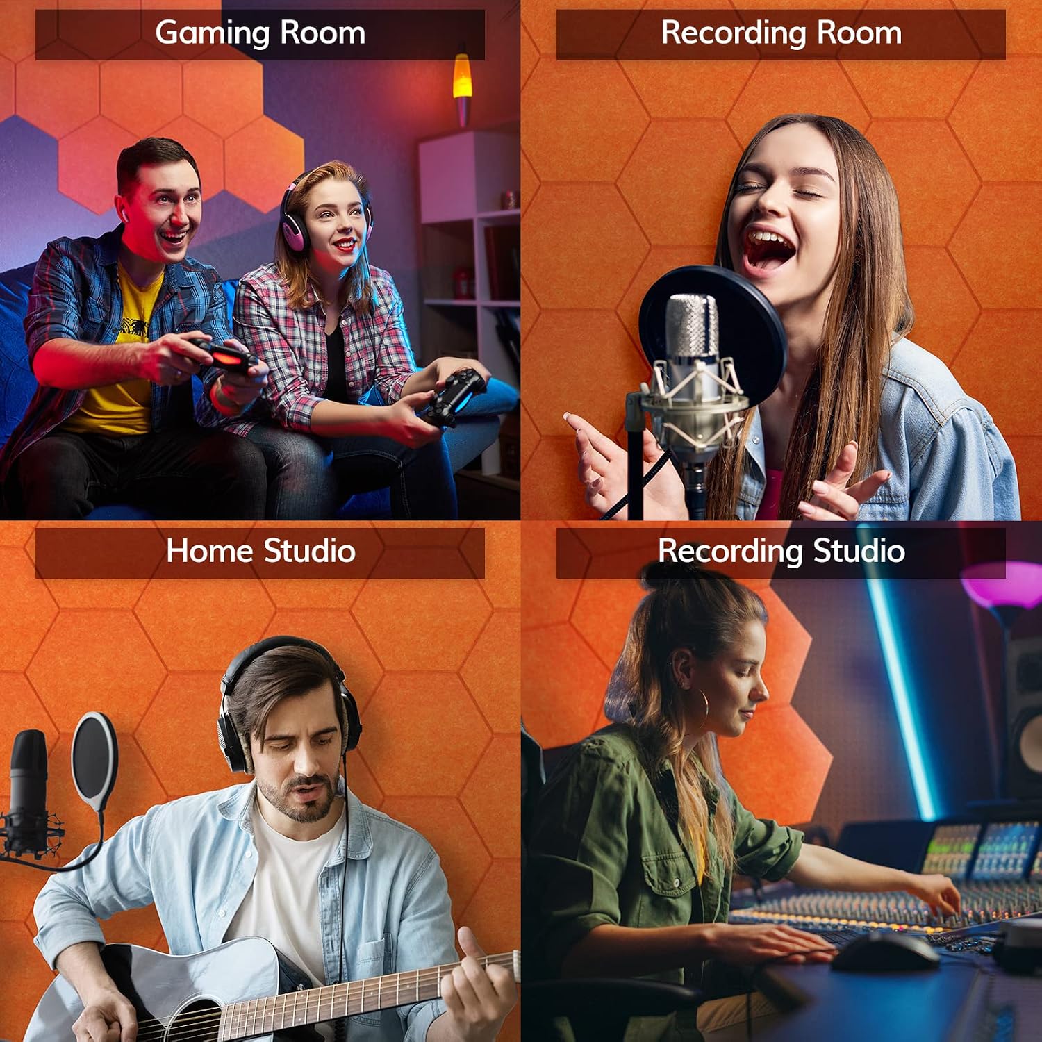 Detalle de TONOR 22163 Hexagon Acoustic Panels, Self-Adhesive Polyester, Orange, 12 Pack