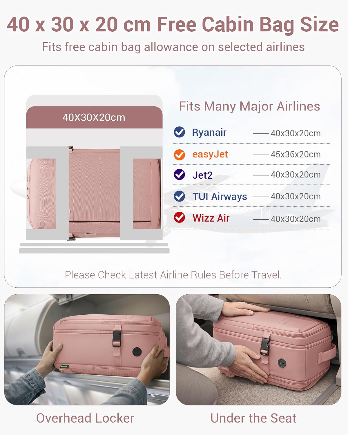 Detalle de Kono for Ryanair Cabin Bags 40x30x20, 24L Underseat Travel Backpack
