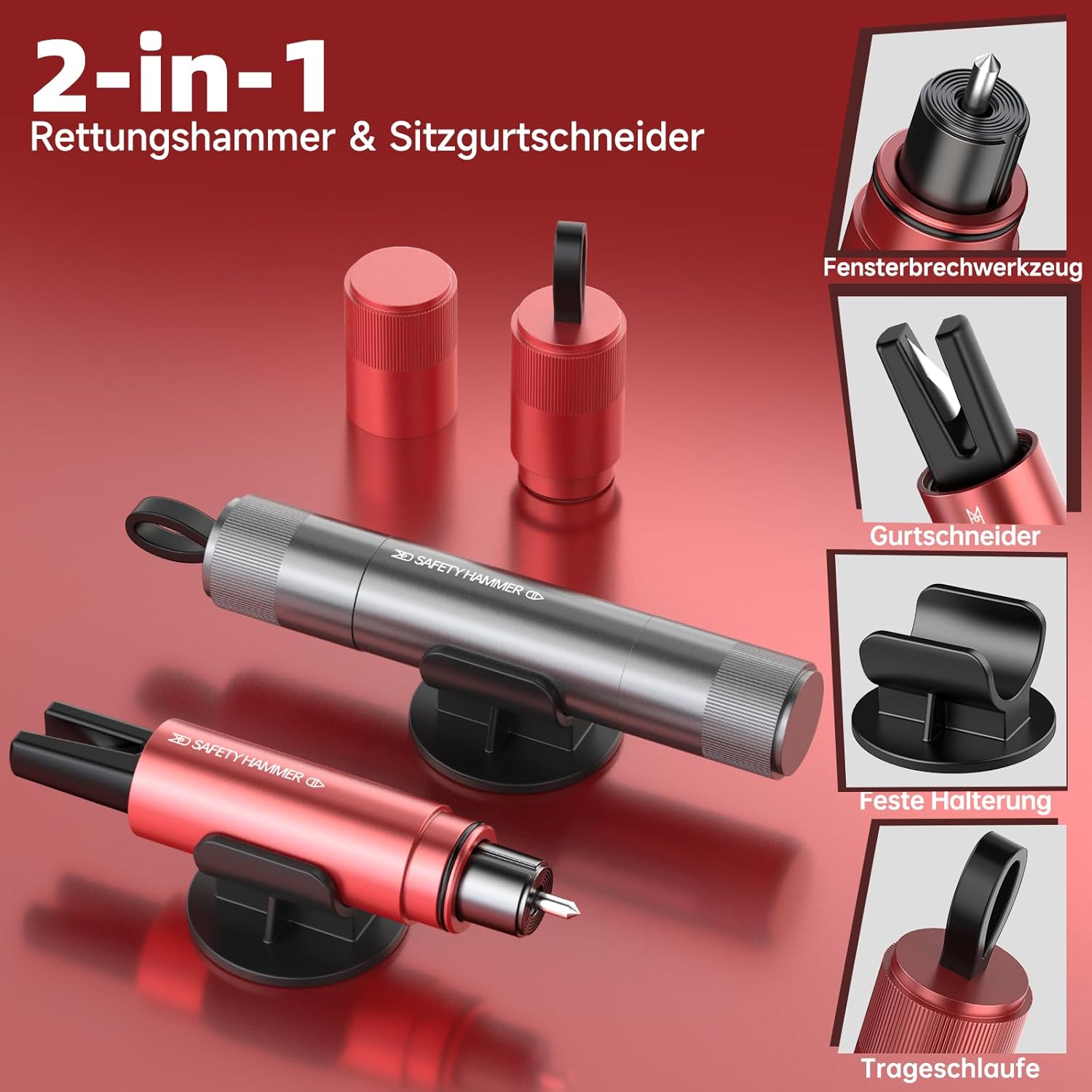 Thumbnail 1 de Marteau de secours 2-en-1 avec coupe-ceinture, kit sécurité 4 pièces (brise-vitre à ressort, lame en U, base adhésive)