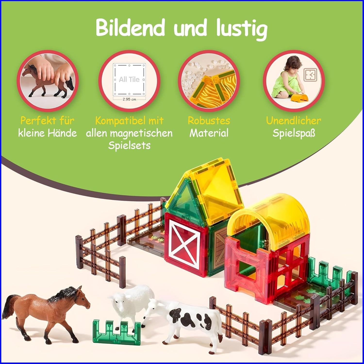 Thumbnail 2 de Olvy Magnetische Bausteine Montessori Spielzeug (80 magnetische Tiles) – Magnetkonstruktionsset für Kinder ab 3 Jahren (Farm)