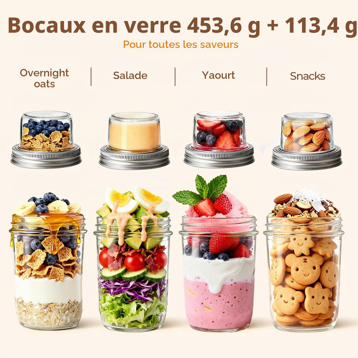 Detalle 1 de ComSaf Overnight Oats Gläser/480+120ml/2pcs yoghurtpotten van glas, set van 2