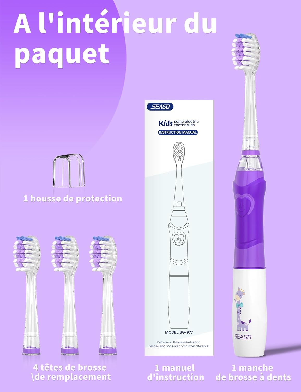 Detalle de Seago brosse à dents électrique enfant SG977 Violet – 4 têtes, LED colorées, minuterie 2 min, IPX7