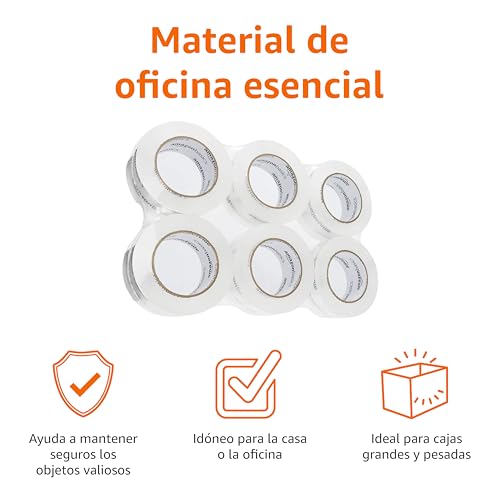 Detalle de Amazon Basics 6 unidades de Cinta de Embalaje para Mudanza y Almacenamiento, 4,7 cm x 99,6 m, Transparente