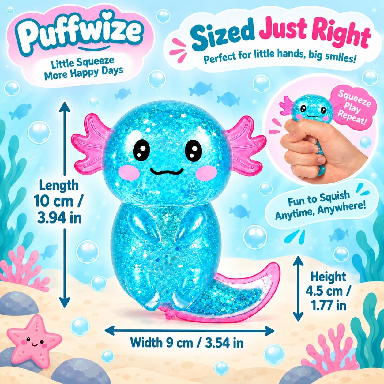 Detalle de Puffwize CHB01 Blue Glitter Axolotl Squishy Fidget Toy in TPR