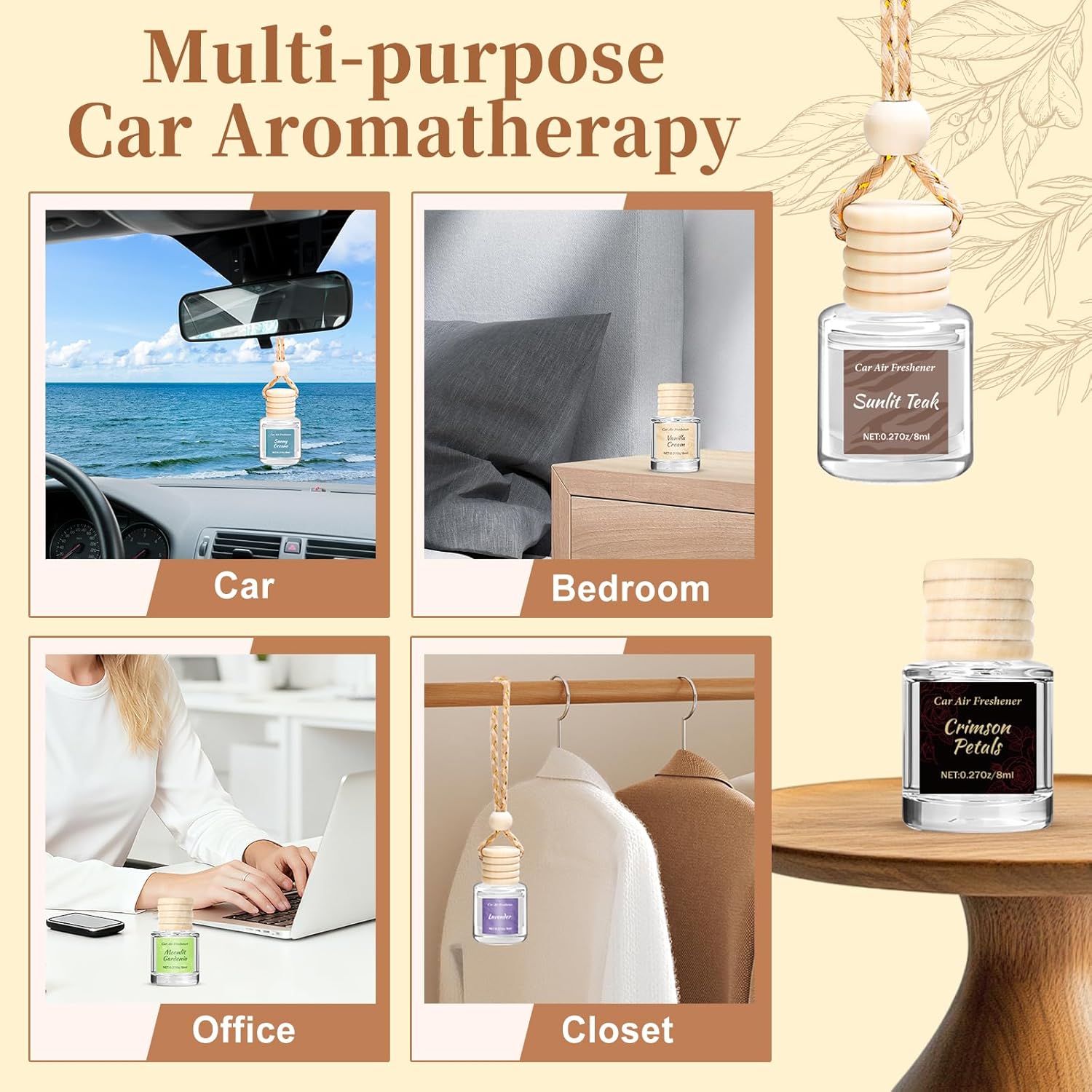 Detalle de Vetuslumen 6-Pack Car Air Freshener for Women (8ml Each) — Hanging Glass Diffuser with Slow-Release Essential Oil Scents