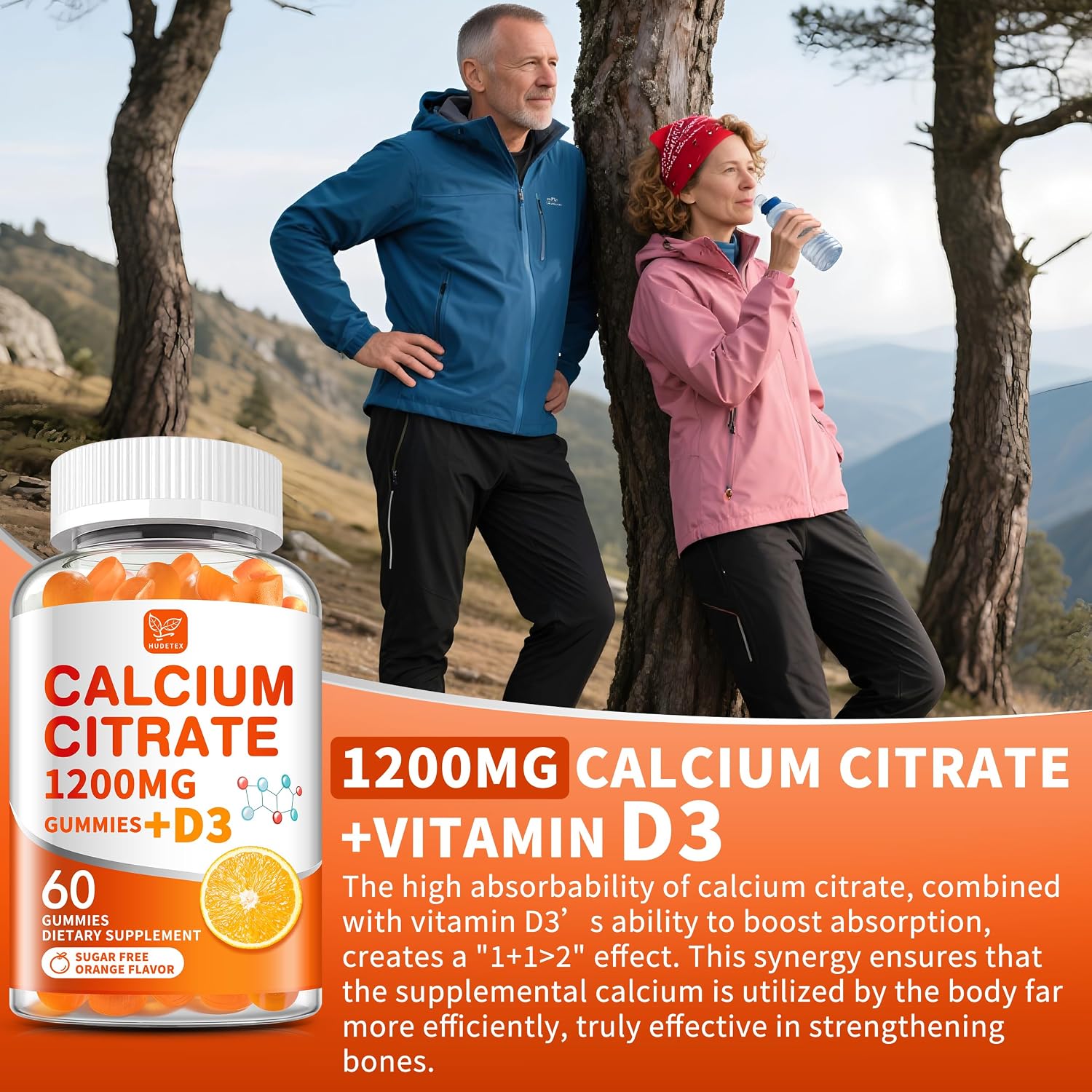 Detalle de Hudetex Model 1 Calcium Citrate Gummies with D3, Sugar-Free Orange, 2-Pack
