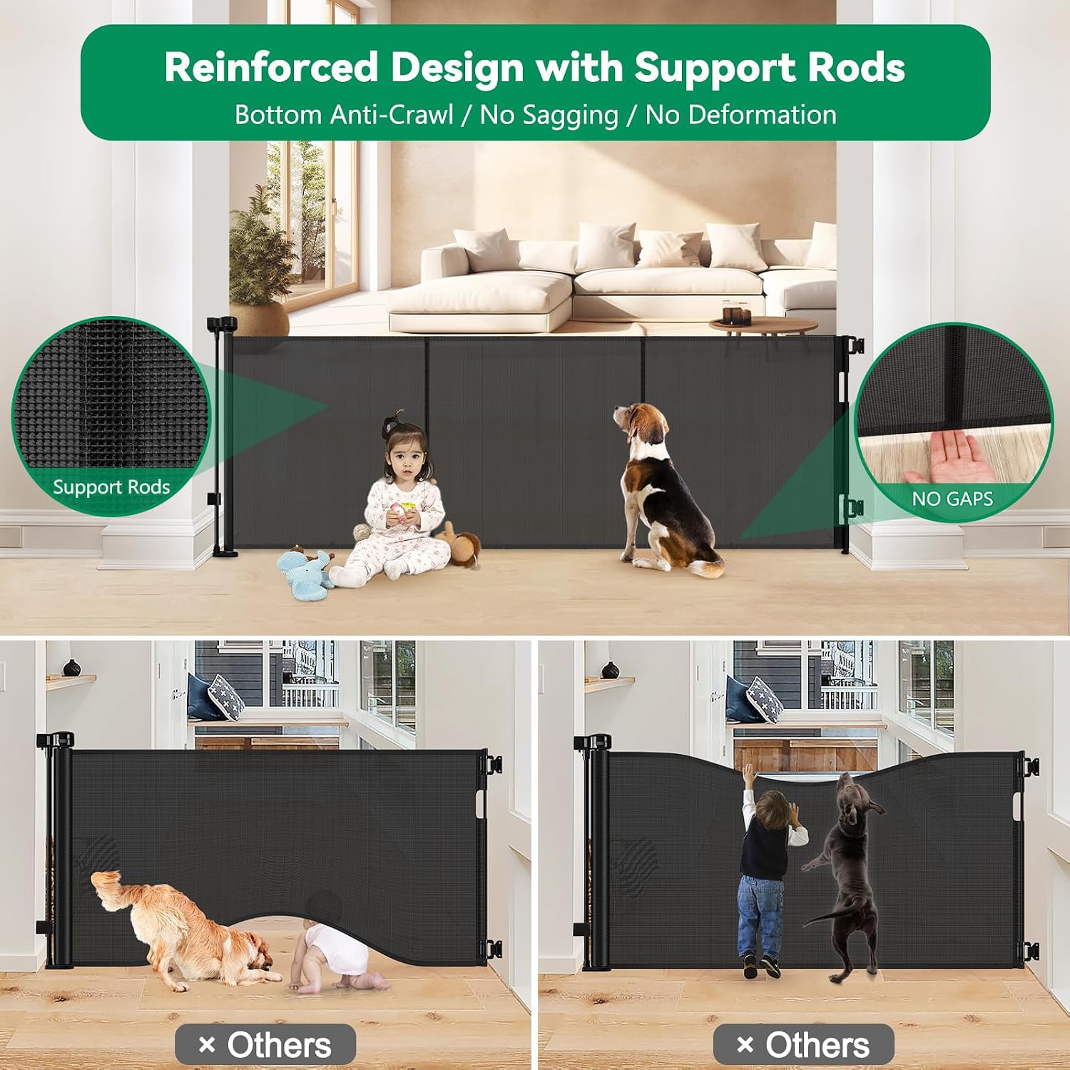 Detalle de KISKIZ 85-Inch Retractable Baby and Pet Gate, Reinforced Mesh, Black
