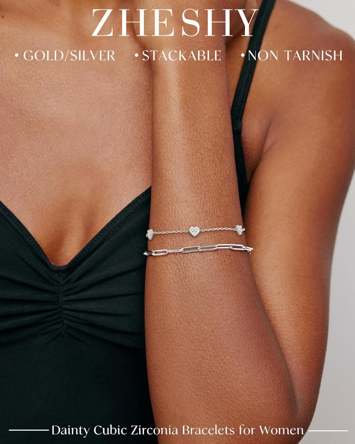 Thumbnail 6 de Bracelet femme ZHESHY réglable en argent 925 et plaqué or 14k, trèfle à 4 feuilles, croix et cœur en zircon