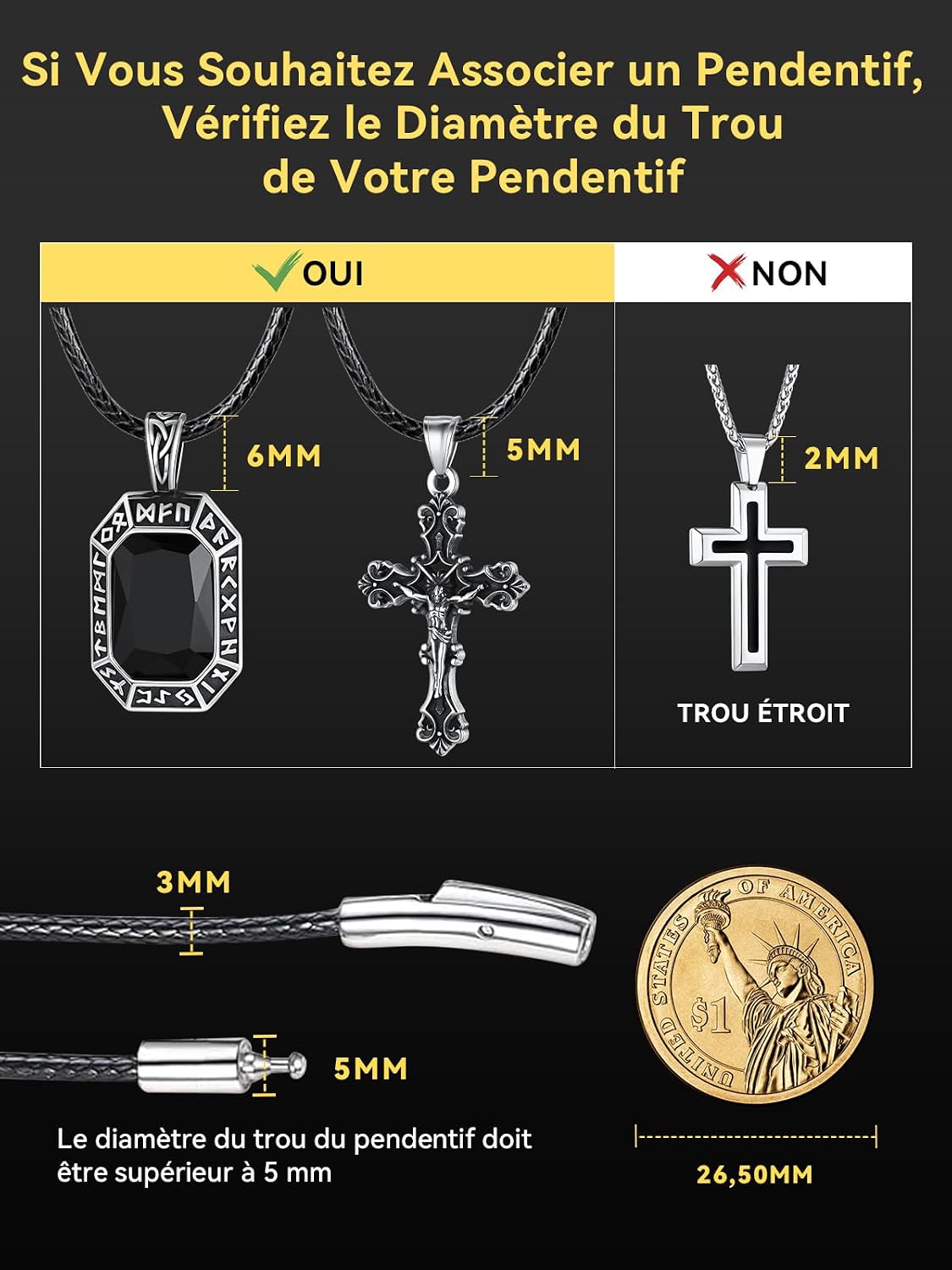 Detalle de ChainsHouse Chaine Collier Cordon Cuir Homme – 2 mm, longueurs 41–76 cm, noir ou marron
