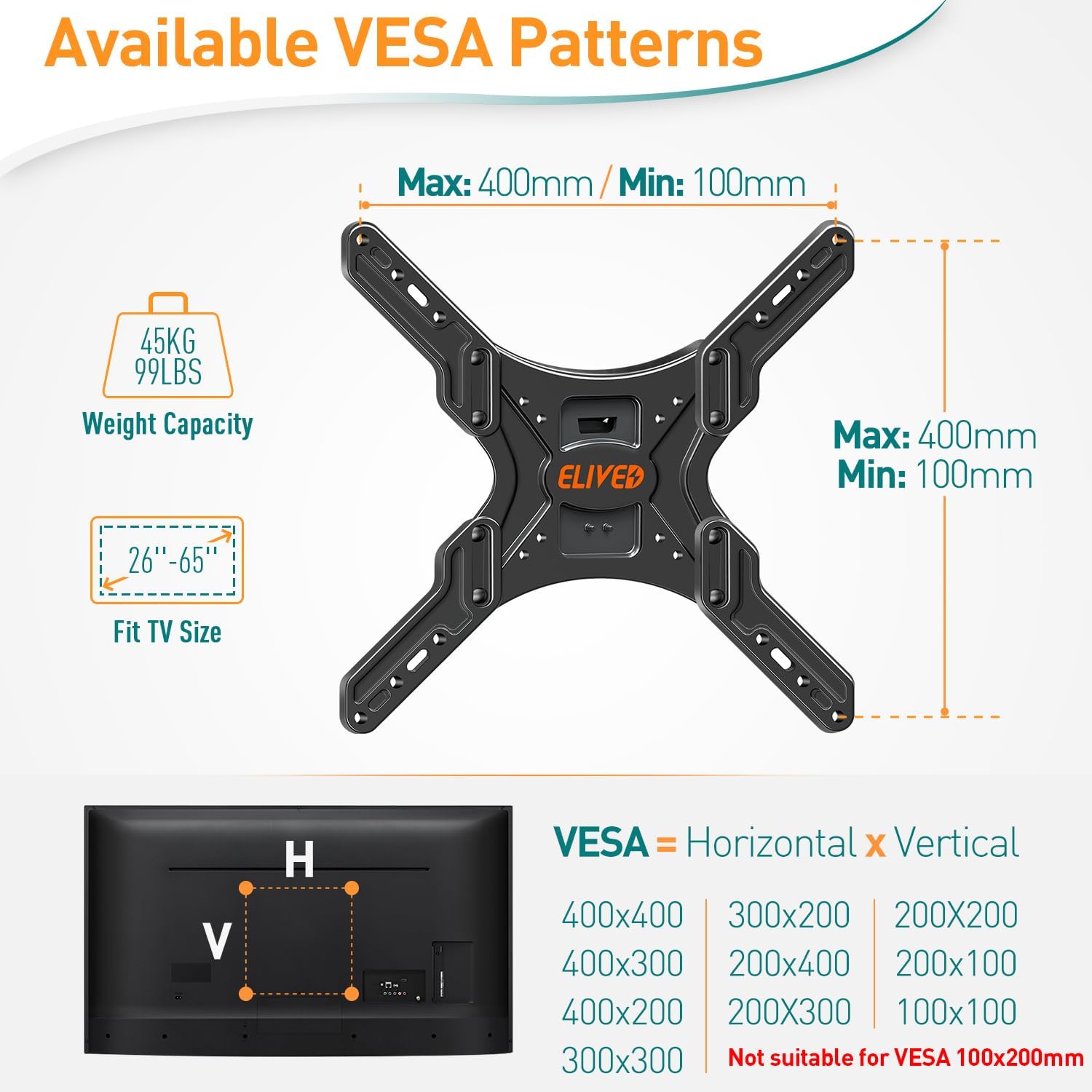 Thumbnail 3 de ELIVED Supporto da parete TV EV3015-UK per TV 24–65" con regolazioni (VESA 100x100–400x400)