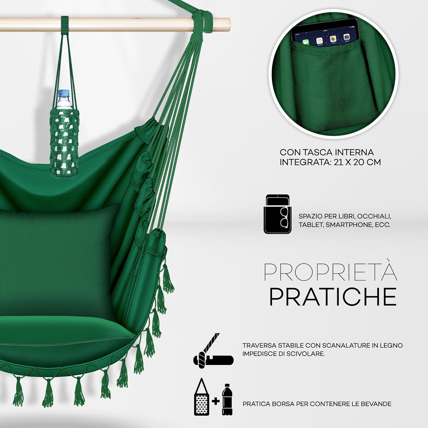 Detalle 2 de Tillvex Poltrona Sospesa 200kg da Appendere con 2 cuscini - Verde