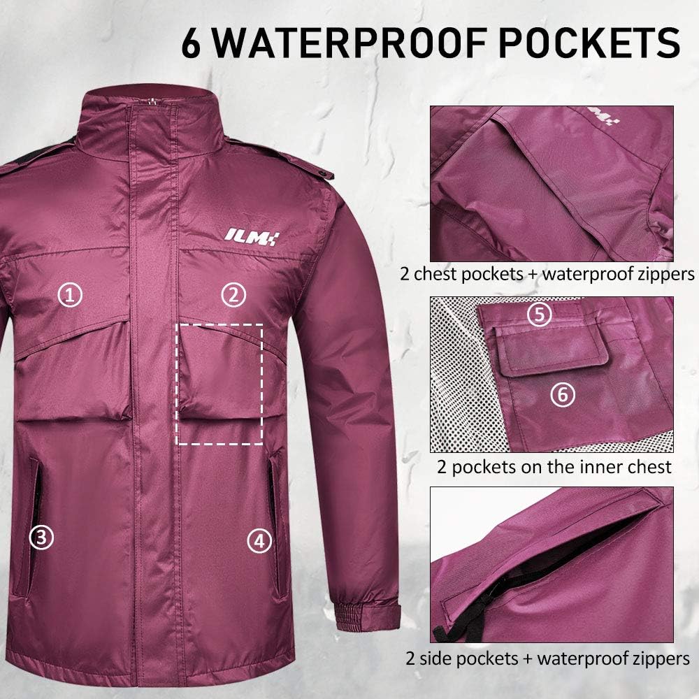 Thumbnail 3 de ILM Ilm-rs02 Women’s Motorcycle Rain Suit, Wine Red, 6 Pockets