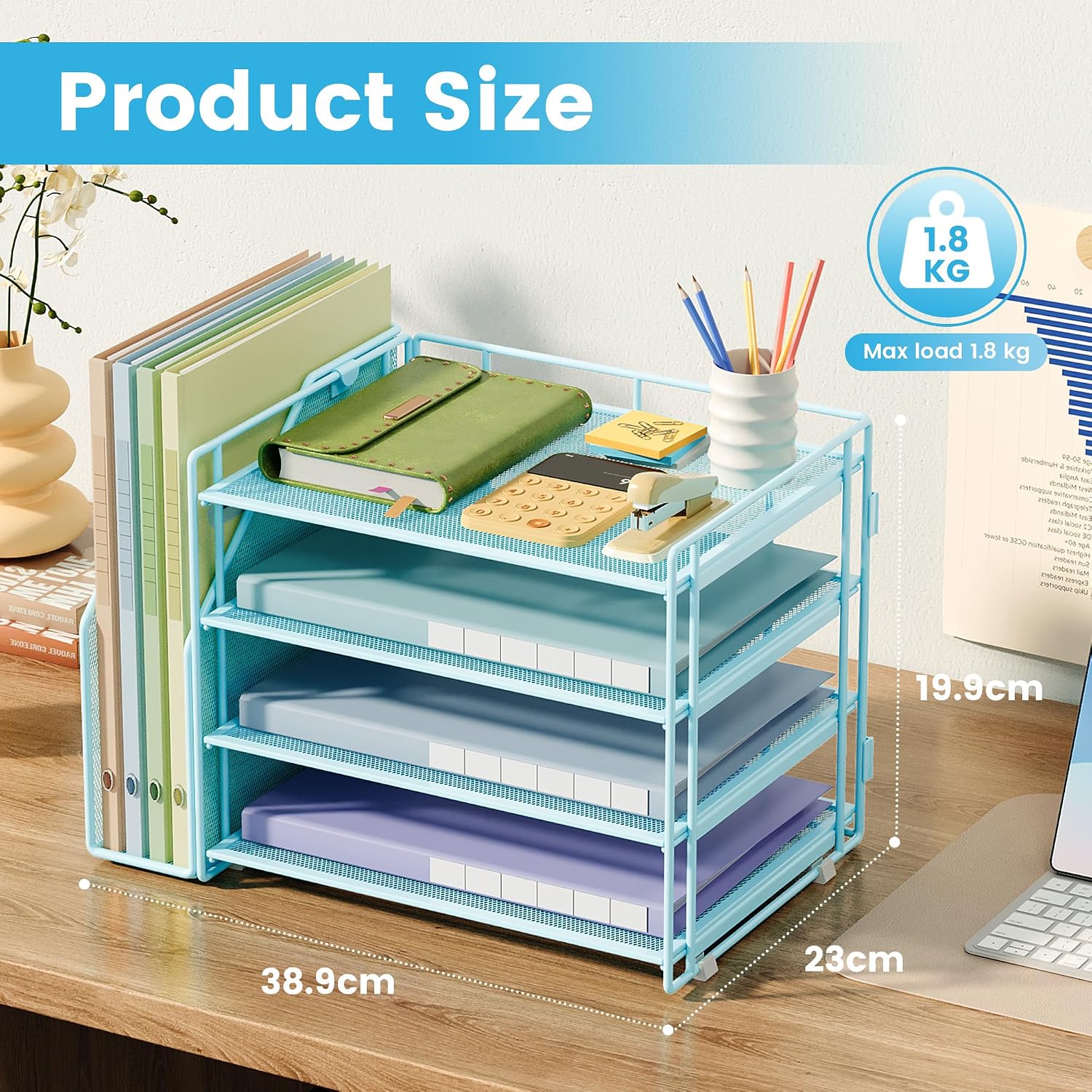 Detalle 2 de SUBEKYU Office Paper Organizer with File Holder, 4-Tier Metal Mesh Desk Organiser, Blue