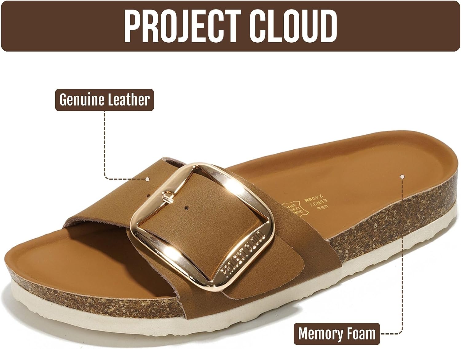 Detalle 2 de Project Cloud 100% Leather Sandals for Women – Lightweight Memory Foam Slides