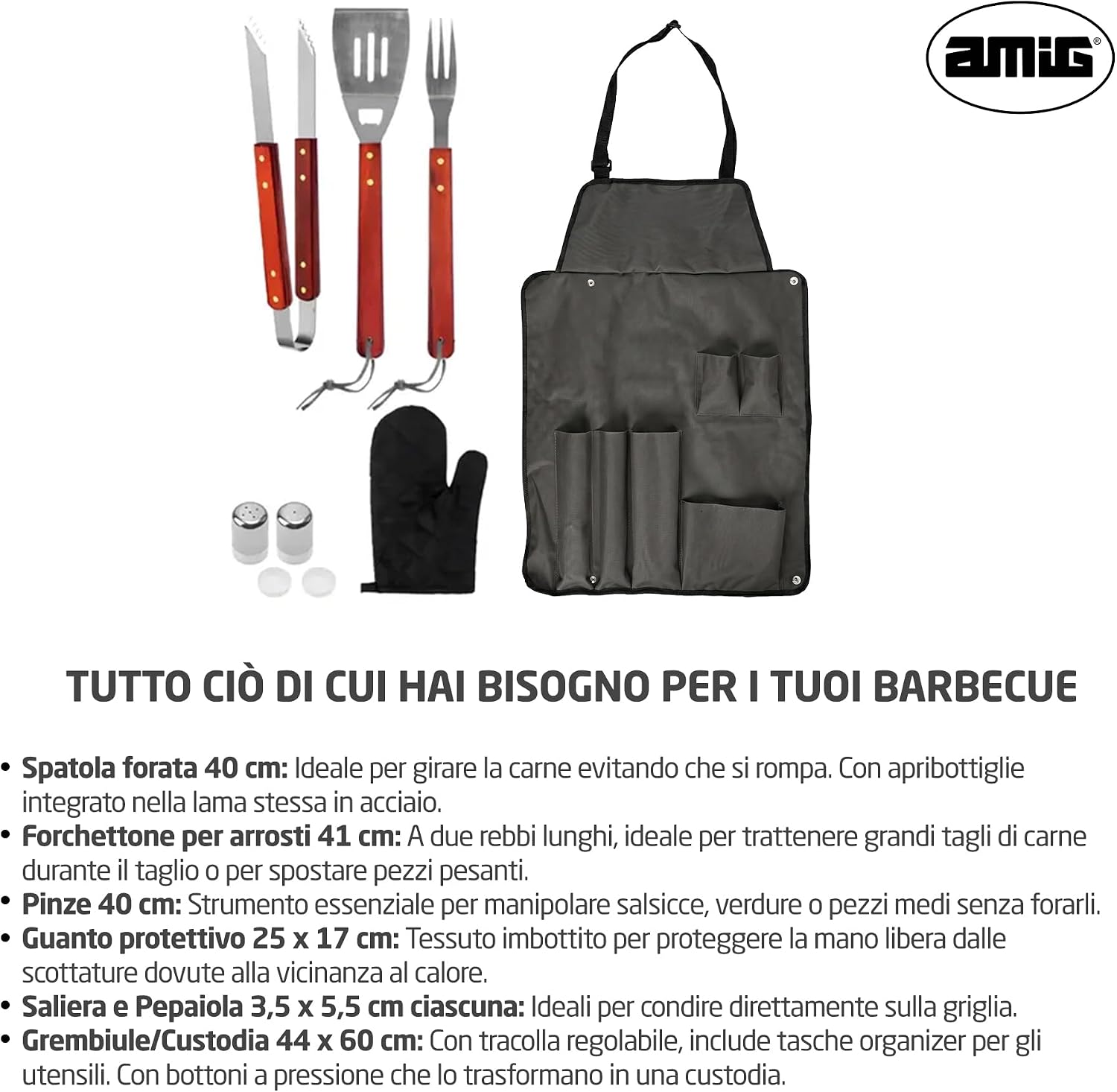 Detalle 2 de Amig AM17: Grembiule barbecue con 7 accessori in acciaio inox, kit BBQ pratico e curato