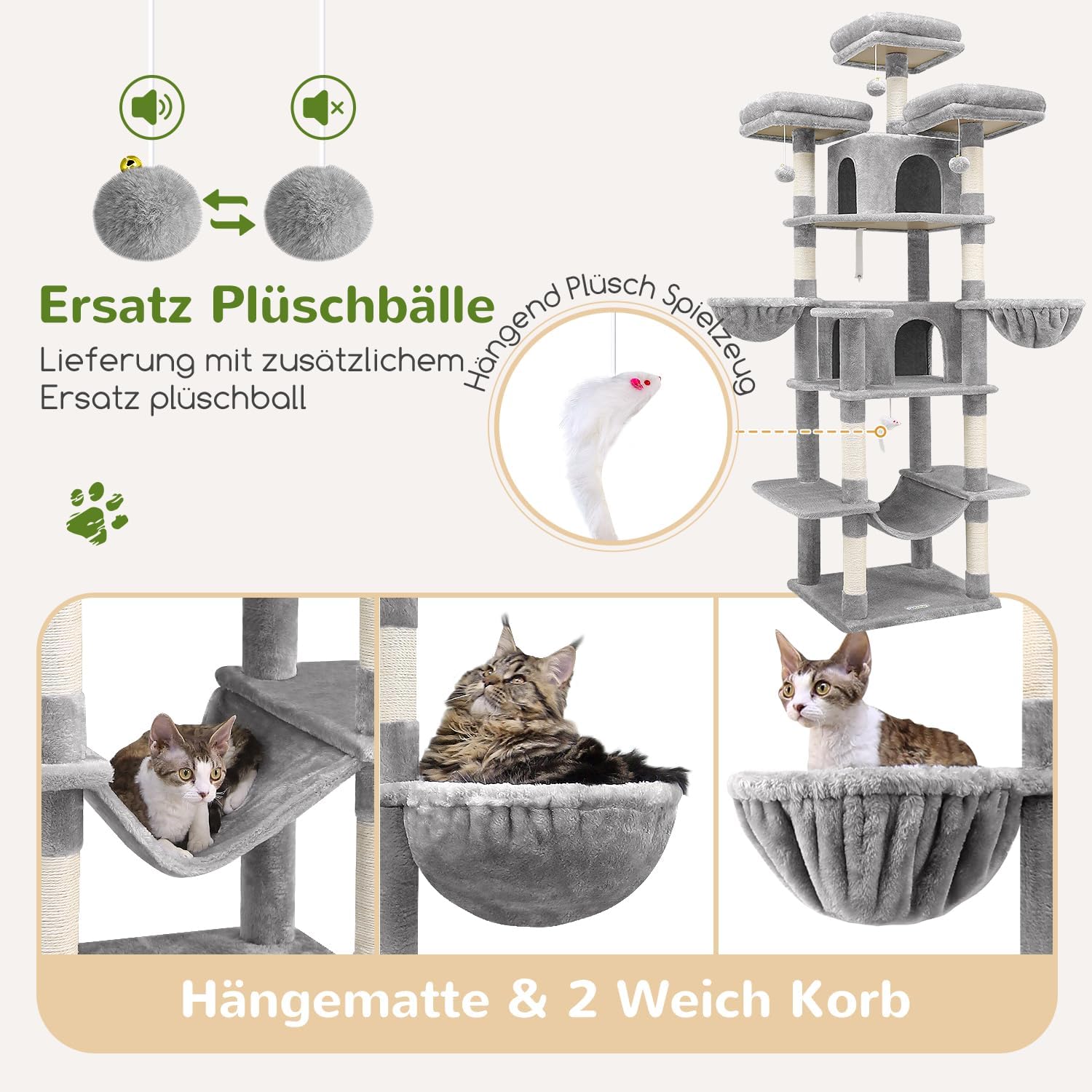 Detalle 2 de Globlazer Kratzbaum Große hoch 204 cm mit 3 gepolsterten Sitzstangen, 2 Katzenhäuser, 2 Körbe, Hängematte – stabiler Luxus-Kratzbaum für 3–5 Katzen