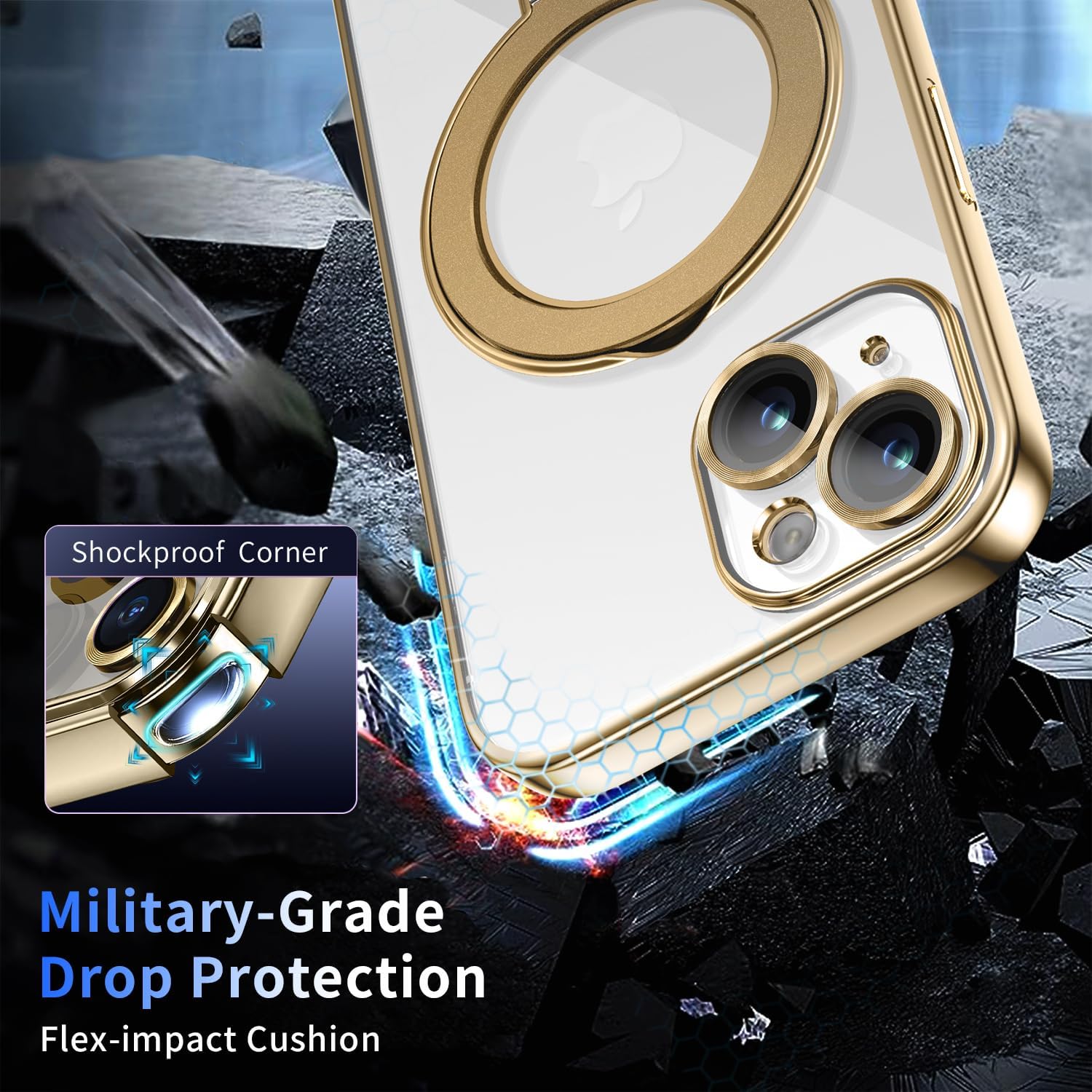 Thumbnail 3 de Pmteyoim Magnetic iPhone 13 Case with Invisible Stand, Full Camera Lens Protector & Military Drop Protection (Clear Slim Gold)