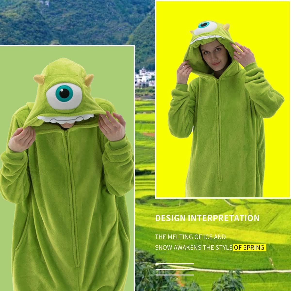 Detalle de COSUSKET Mike Wazowski Flannel Onesie Pajamas with Zip and Side Pockets
