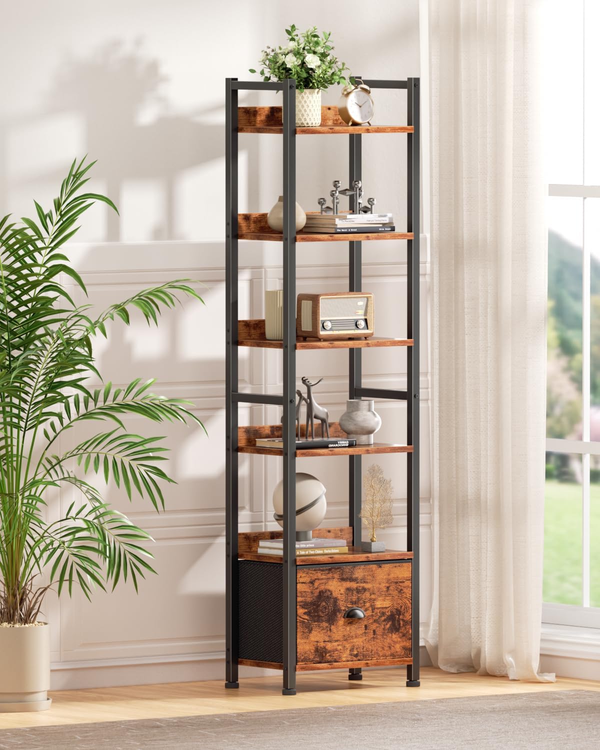 Detalle 2 de Furologee BS006-6T 6-Tier Bookshelf with Drawer, Rustic Brown