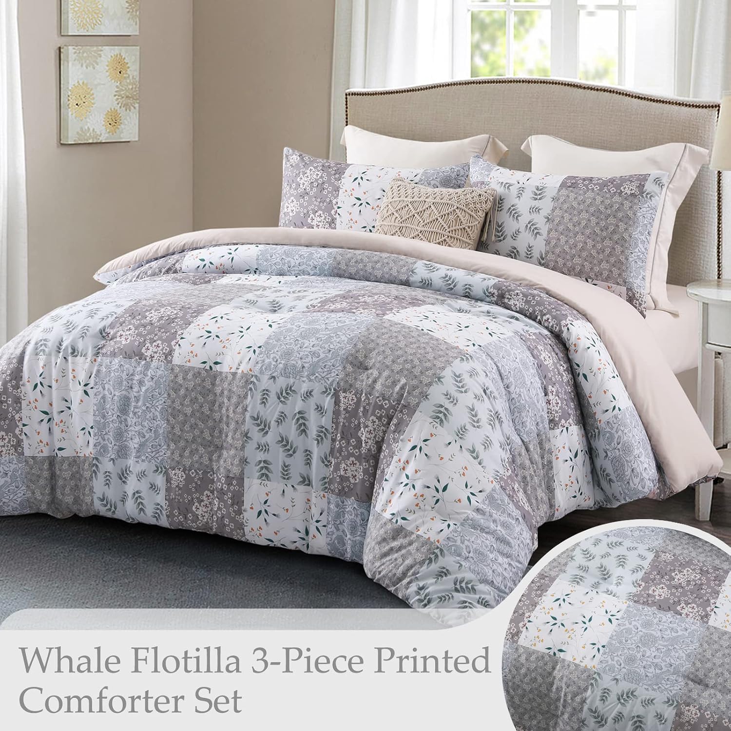 Detalle de Whale Flotilla Double Size Coverless Duvet Set 7.5 Tog, Patchwork Floral – 200×200cm, Grey