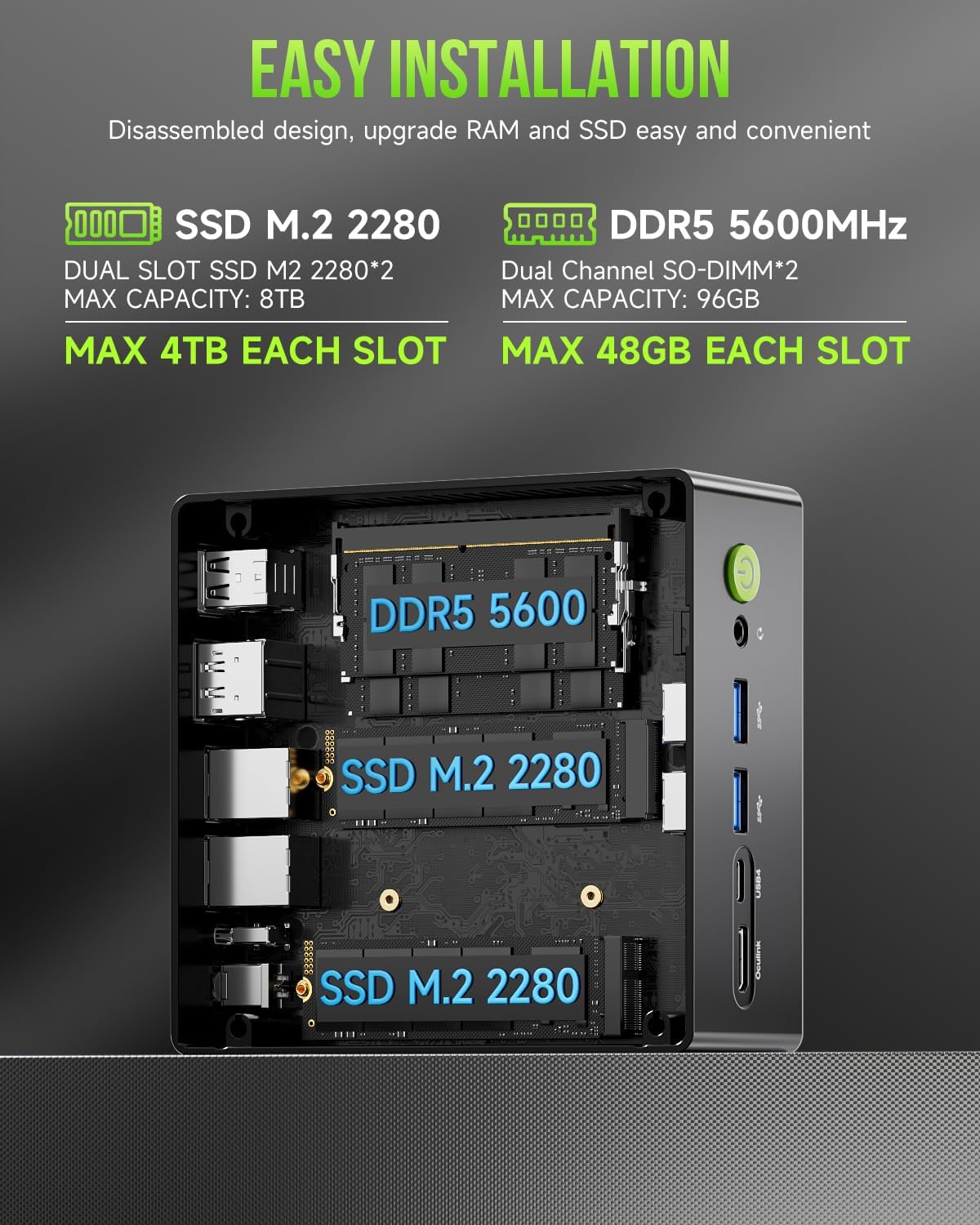 Detalle de GMKtec K11 Mini Gaming PC with AMD Ryzen 9 8945HS, 32GB DDR5, 512GB SSD, Oculink, Dual 2.5GbE LAN