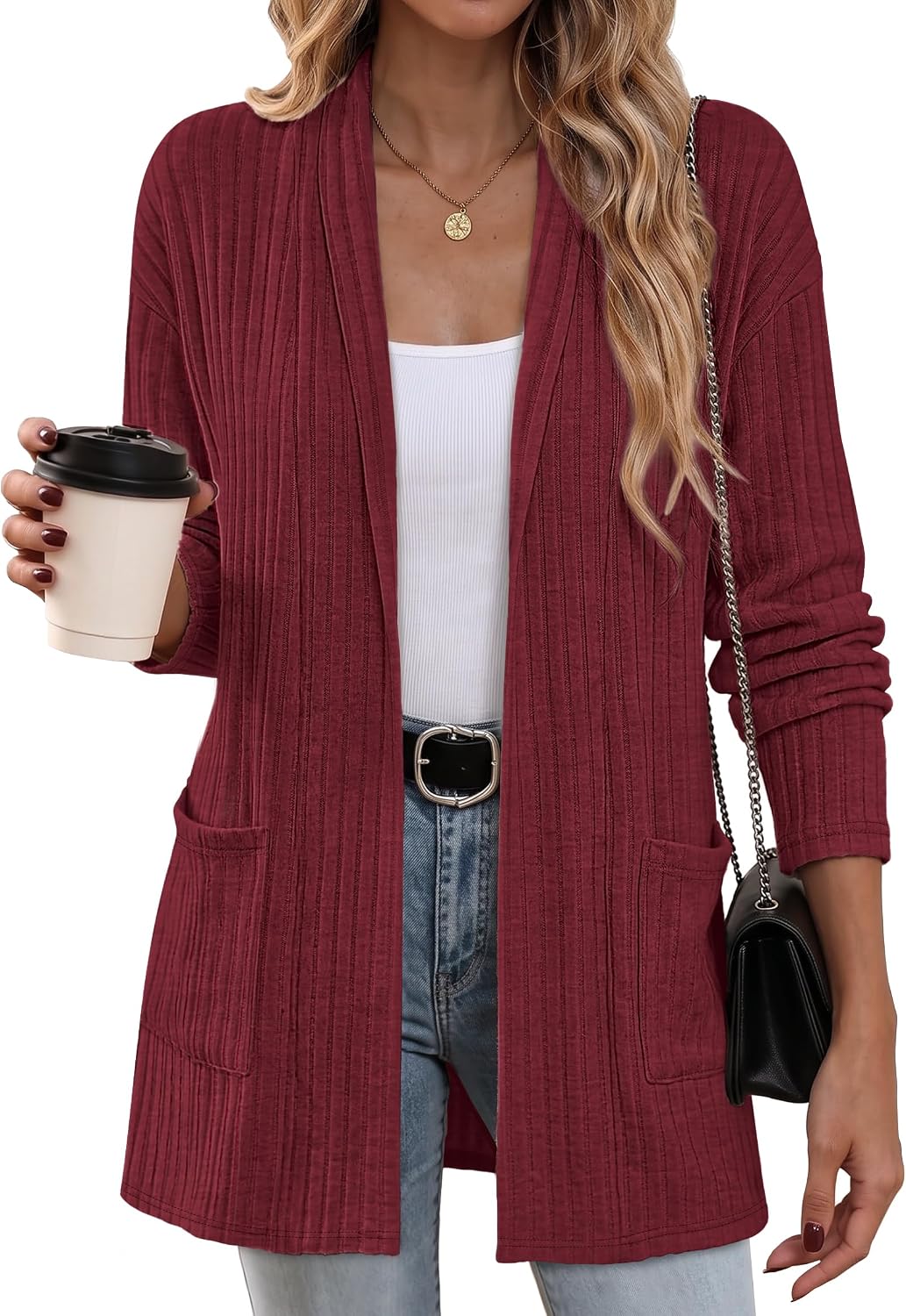 Detalle 2 de OFEEFAN Women's Cardigan Sweater, Polyester Blend