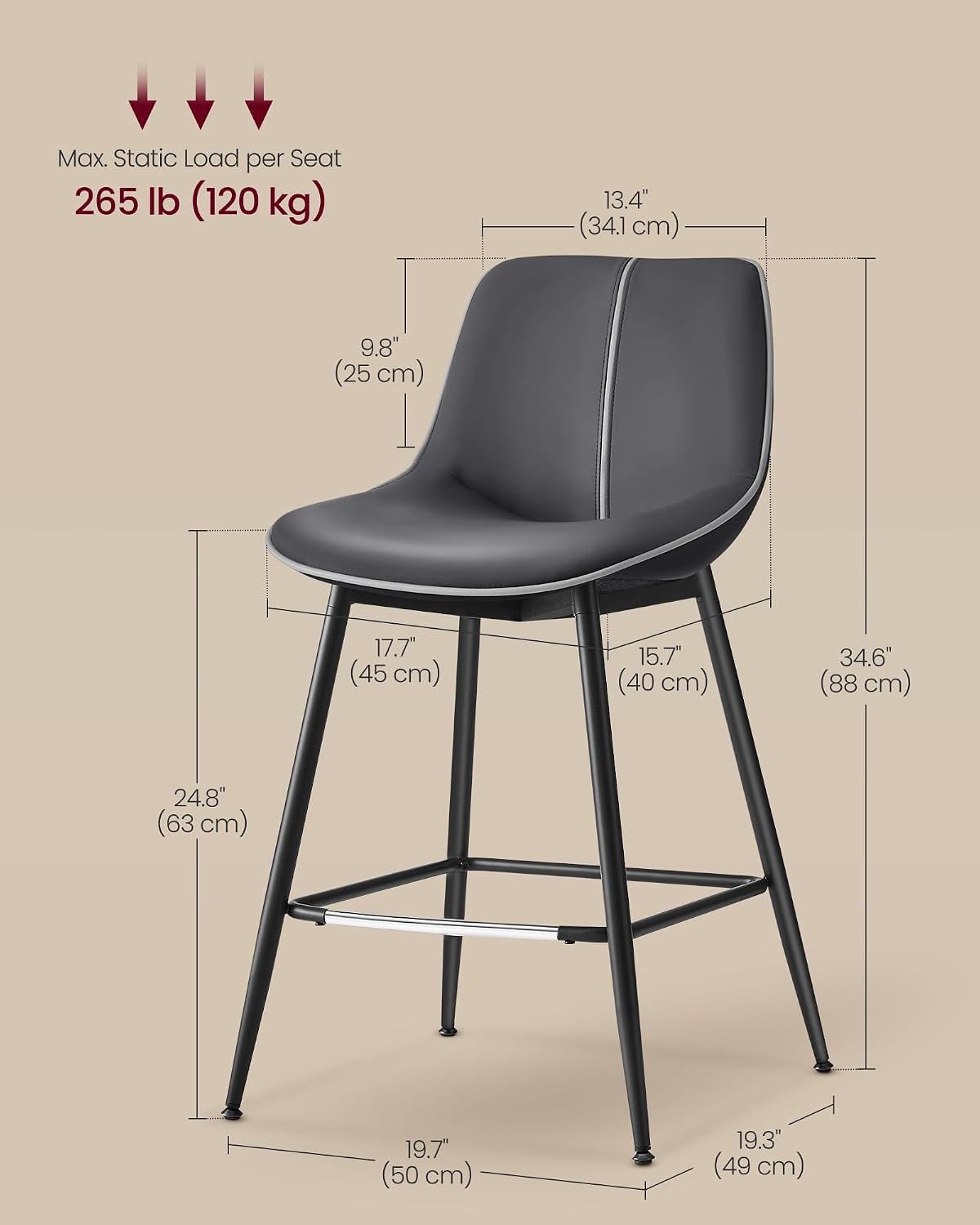 Detalle 2 de VASAGLE ULBC088B01 Bar Stools, Set of 2 with Backrests, Ink Black PU Leather