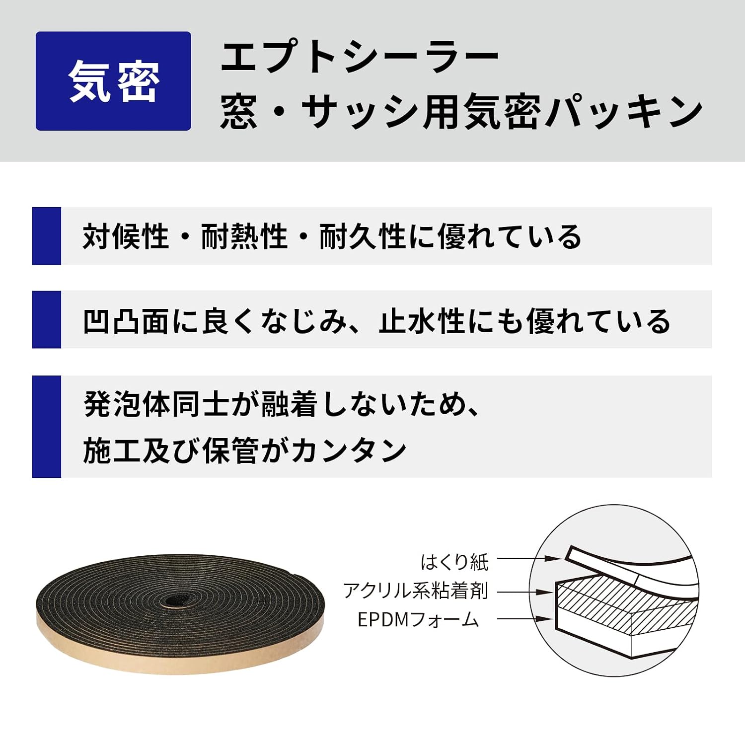 Detalle de ニトムズ G0081 窓サッシ用気密パッキン EPDMフォーム 幅15mm・長さ10m・厚さ5mm