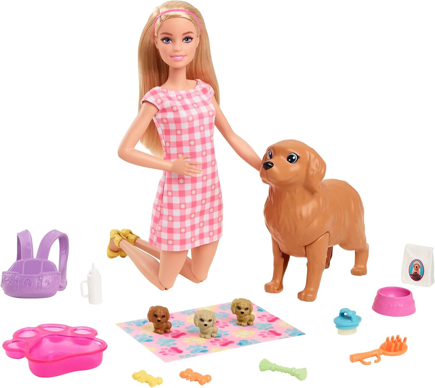 Detalle de Barbie Newborn Pups Playset – Puppe mit Blonden Haaren, 3 Welpen, über 10 Accessoires