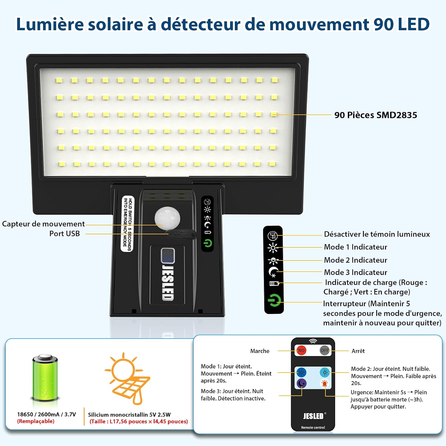 Thumbnail 5 de JESLED Lampe Solaire Extérieur Murale 2x avec détecteur de mouvement et télécommande (90 LED, 2600 mAh)