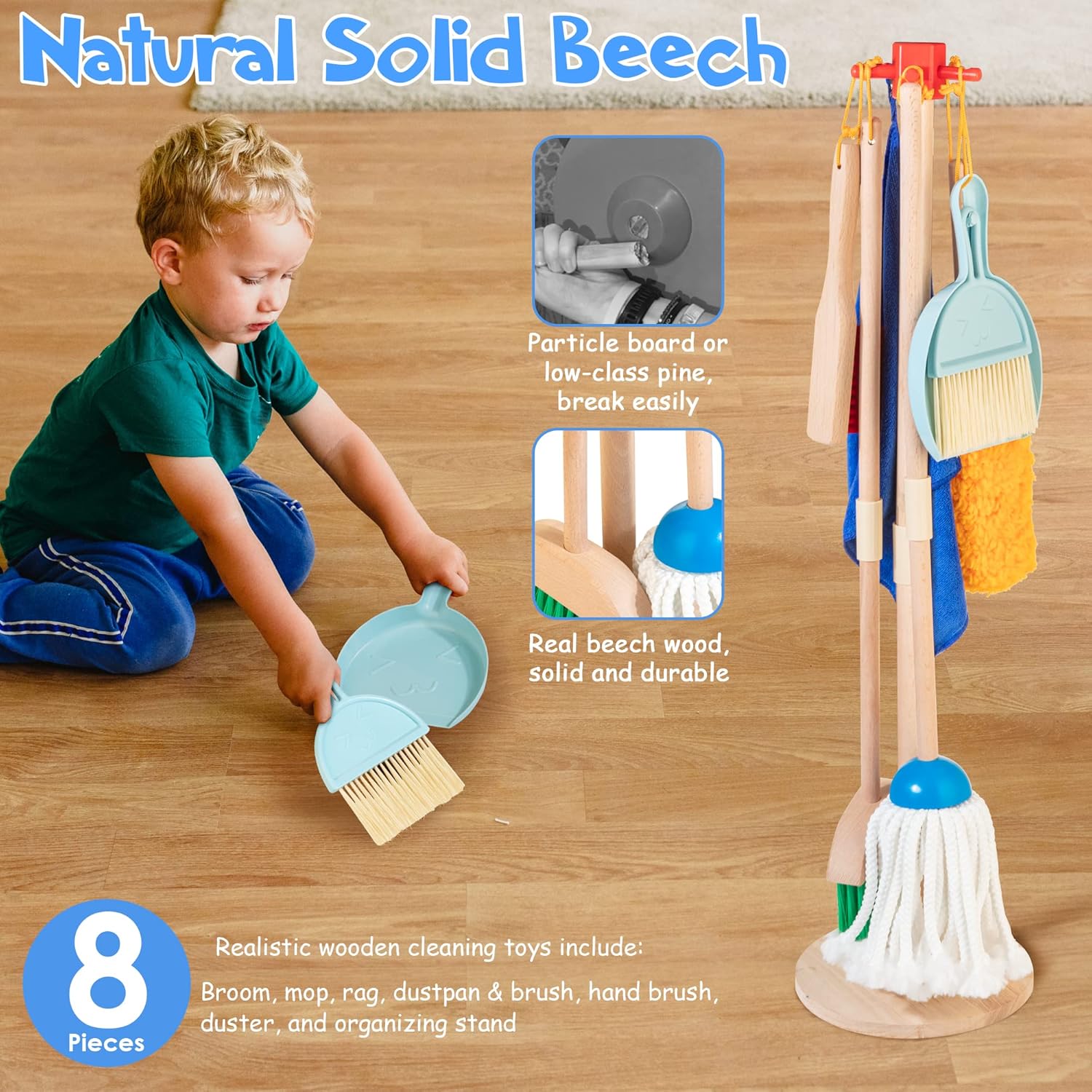 Detalle de Wooden Kids Cleaning Set 8 Pieces 🧹