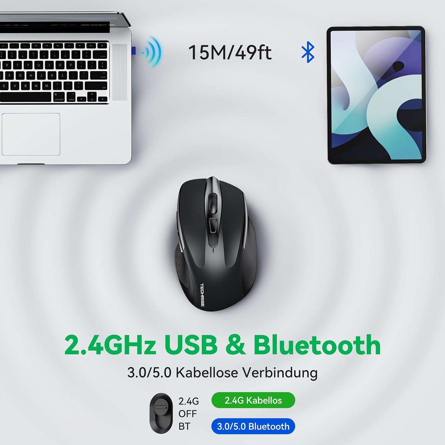 Detalle 2 de TechRise Bluetooth Maus mit 2.4G & BT 5.0/3.0, 4800 DPI, wiederaufladbar (USB‑A Empfänger), leise Funkmaus, Schwarz