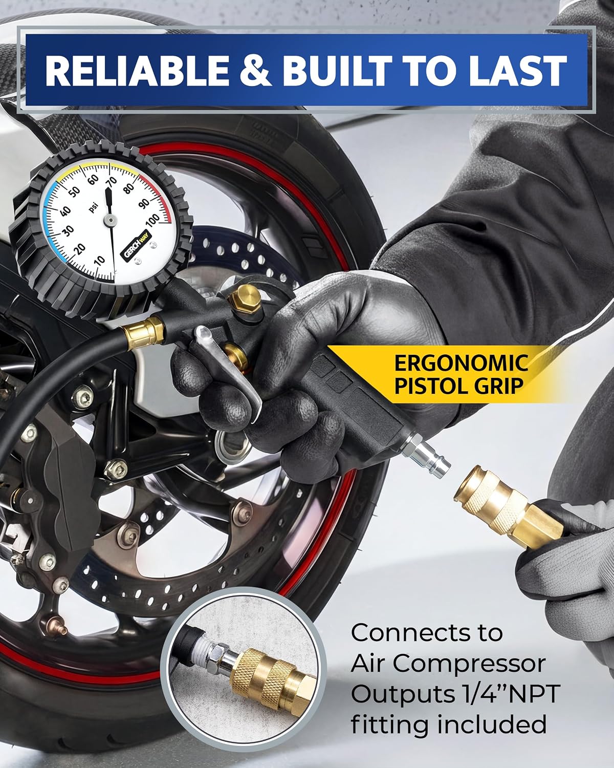Thumbnail 1 de GERCHWAY Tire Inflator with Pressure Gauge – Large Glow Dial, Swivel Chuck, and 100 PSI capability