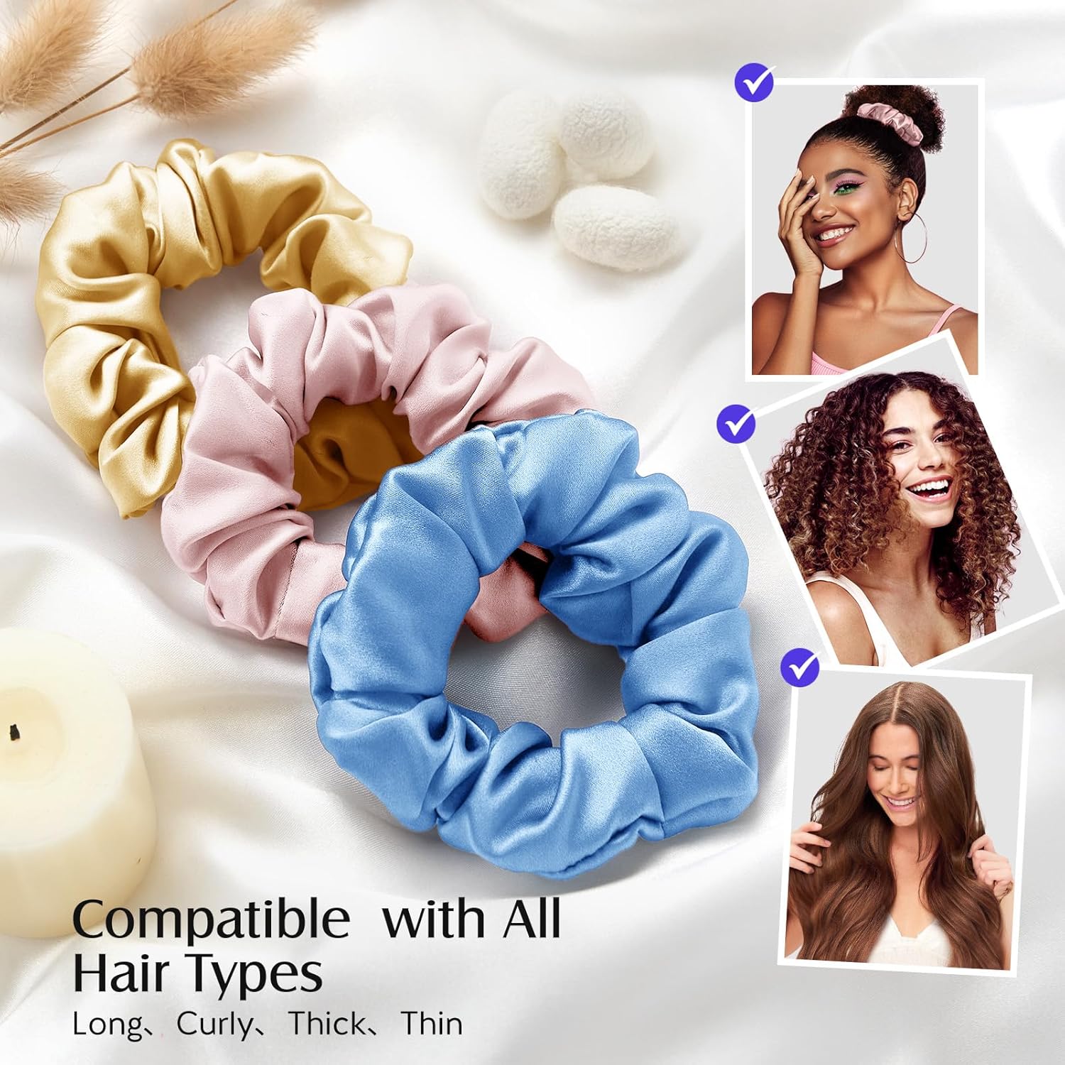 Detalle de Umisleep: Set di 3 scrunchies in seta 100% per capelli morbidi e senza pieghe