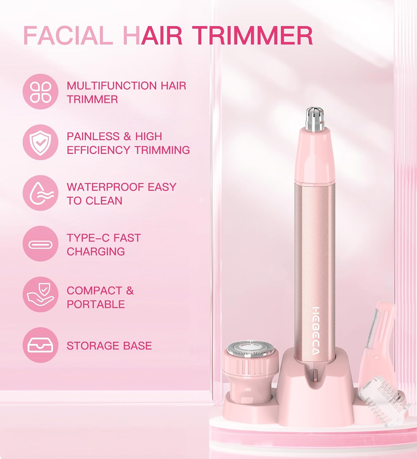 Detalle 2 de HEBECA FT2004 3-in-1 Facial Hair Trimmer, Waterproof, Rose Pink
