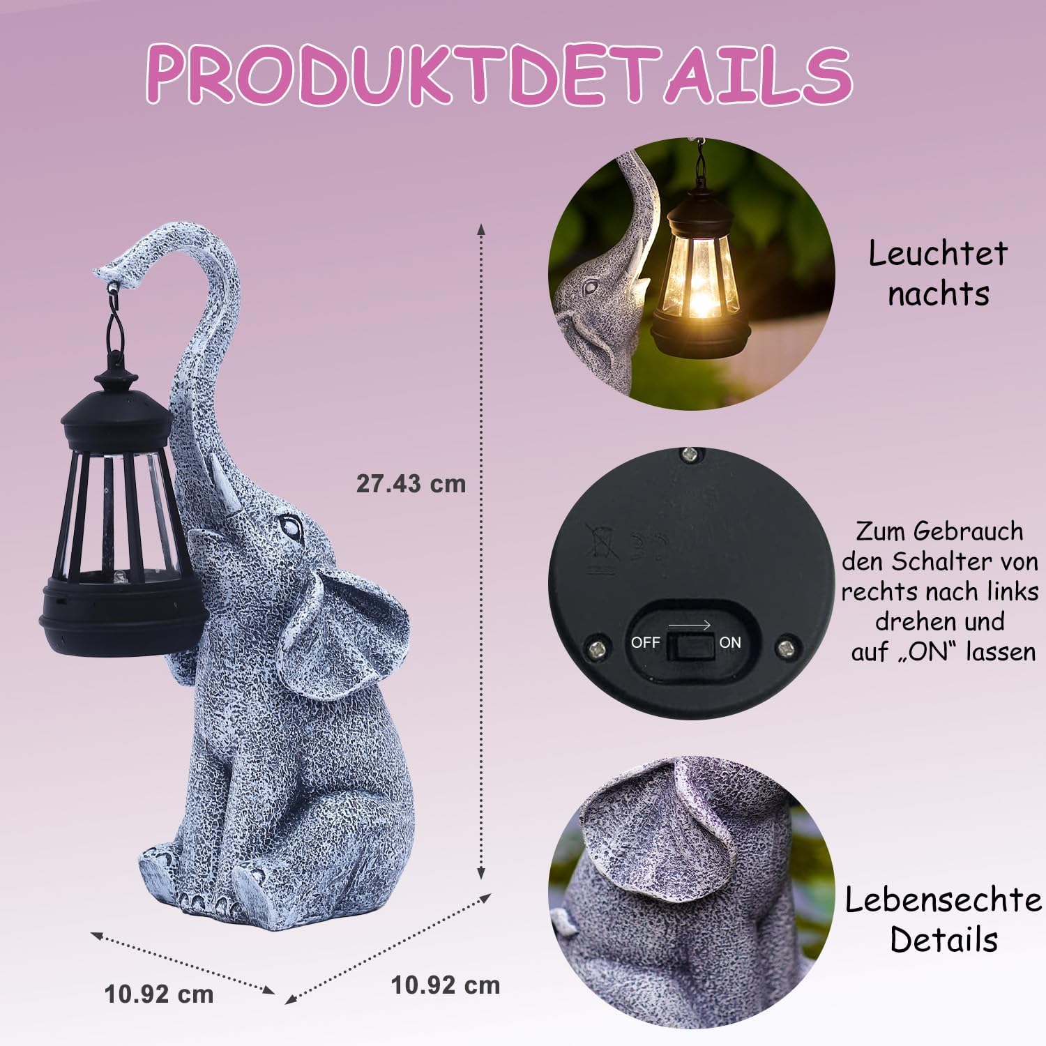 Thumbnail 2 de Yeomoo Elefanten Deko mit Solar Laterne – wetterfeste Gartenfigur mit LED-Solarlampe, 11×11×27,5 cm