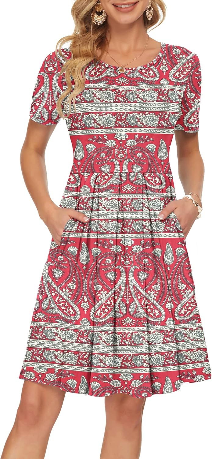 Detalle 2 de AUSELILY Damen Kurzarm Plissee Loose Swing Freizeitkleid mit knielangen Taschen