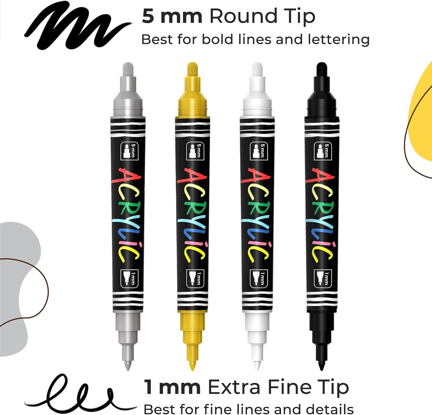Detalle 2 de Chalkola 4 Acrylic Paint Pens Dual Tip (White, Black, Gold & Silver) – 1mm fine & 5mm medium permanent markers