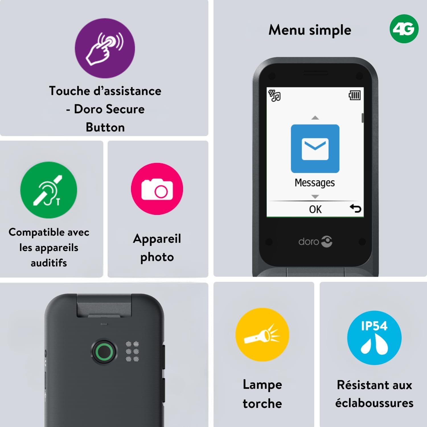 Detalle de Doro Leva E20 4G – Téléphone à clapet pour seniors, grand écran 2,8'' et sécurité Doro Secure