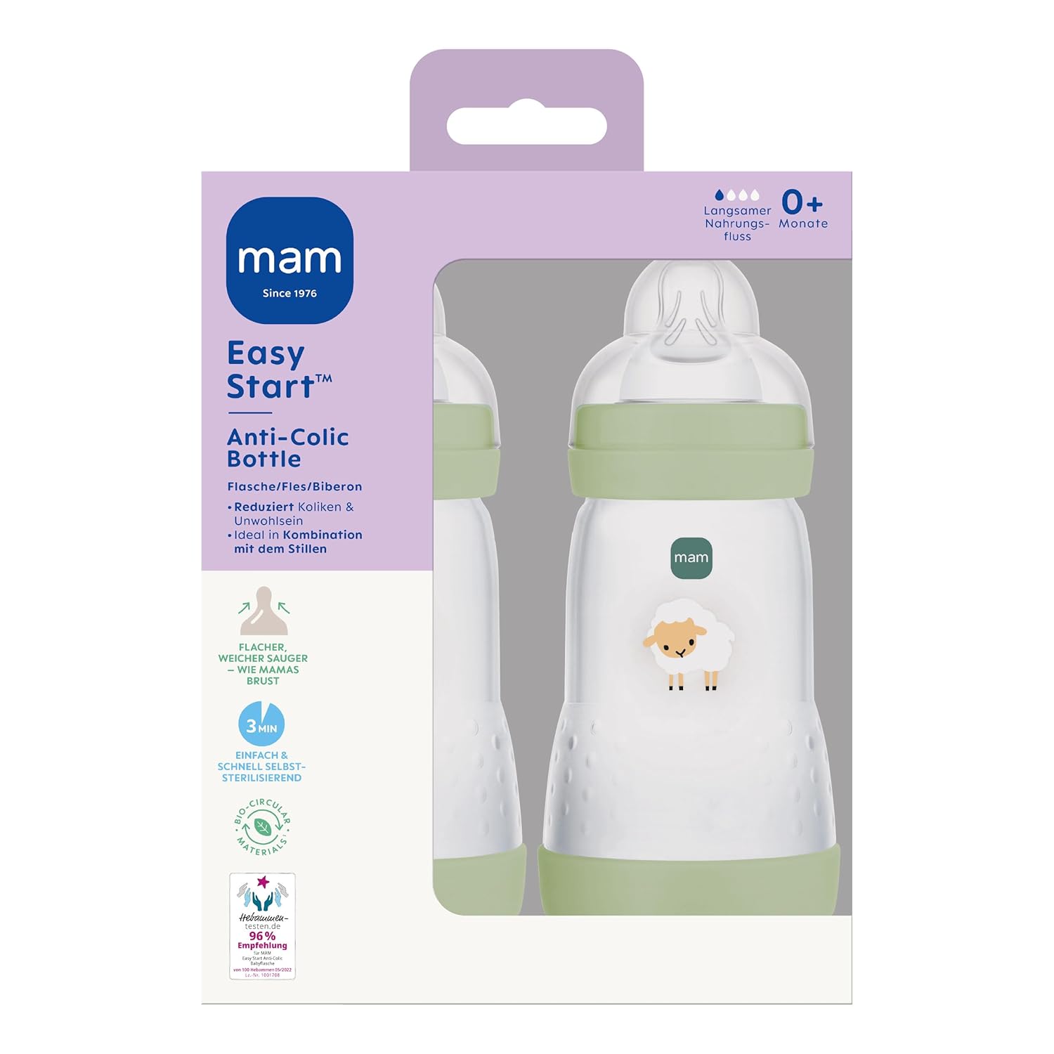 Detalle de MAM Easy Start Anti-Colic Babyflasche 260 ml – 0+ Monate, 2 Stück, Schaf-Design